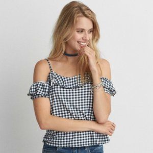 American Eagle Outfitters Soft & Sexy Cold Shoulder Blue Gingham Top